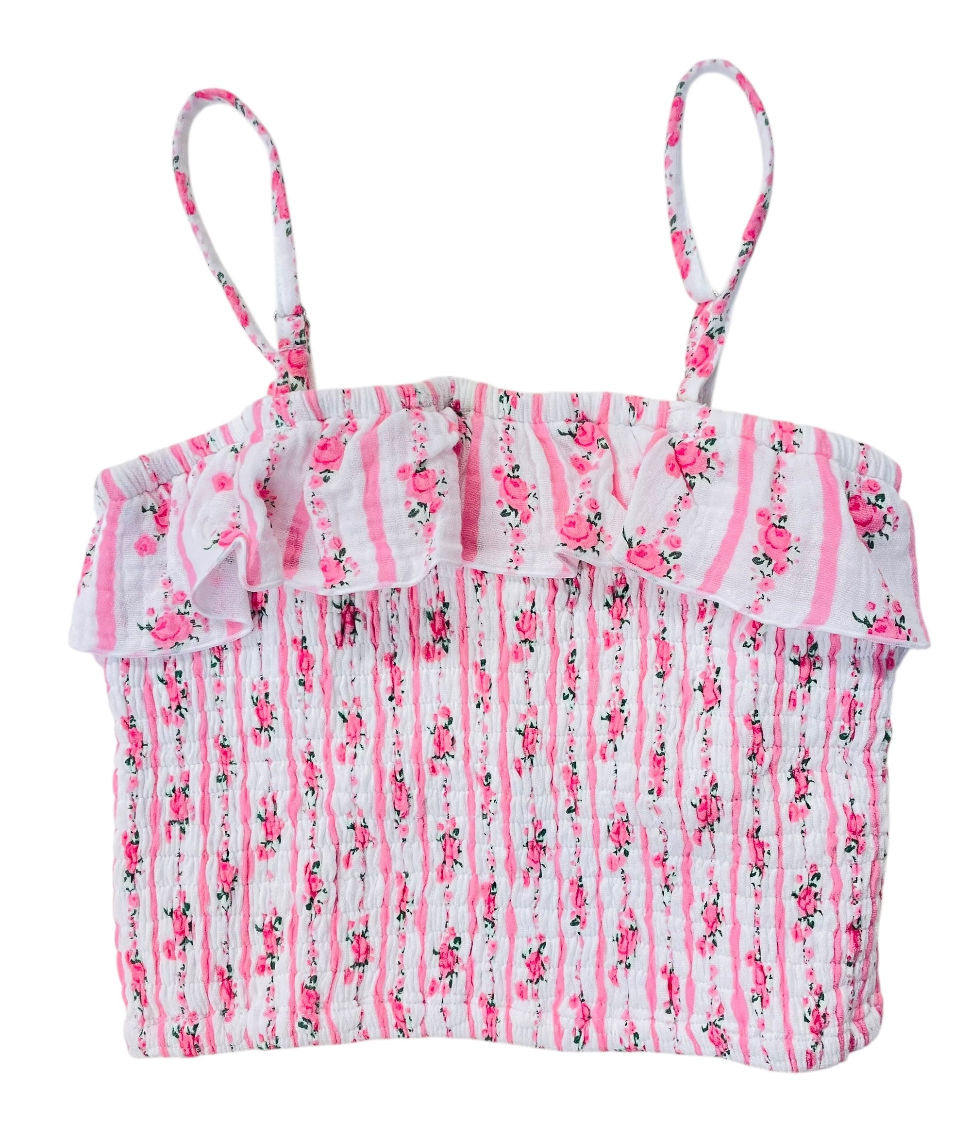 Flowers By Zoe Pink Floral Stripe Smocked Top With Ruffles