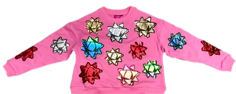 Queen Of Sparkles Kids Pink Metallic Bows Present Sweatshirt