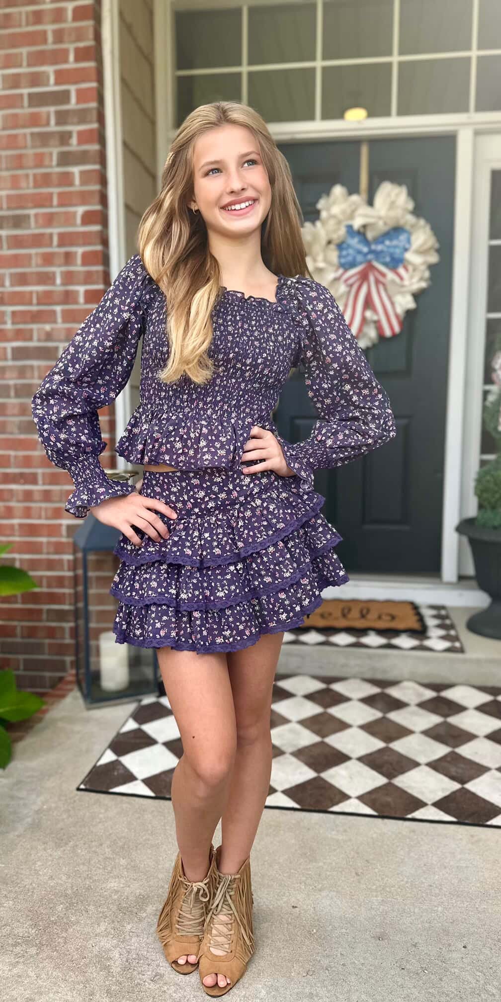 KatieJ NYC Tween Melody Ruffled Lace Trim Skirt- Midnight Ditsy