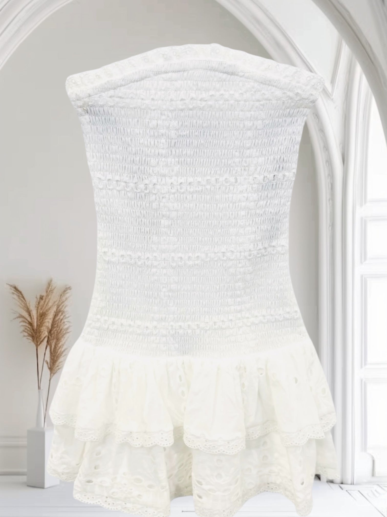 KatieJ NYC Melina Drop Waist Ruffle Dress - White Eyelet