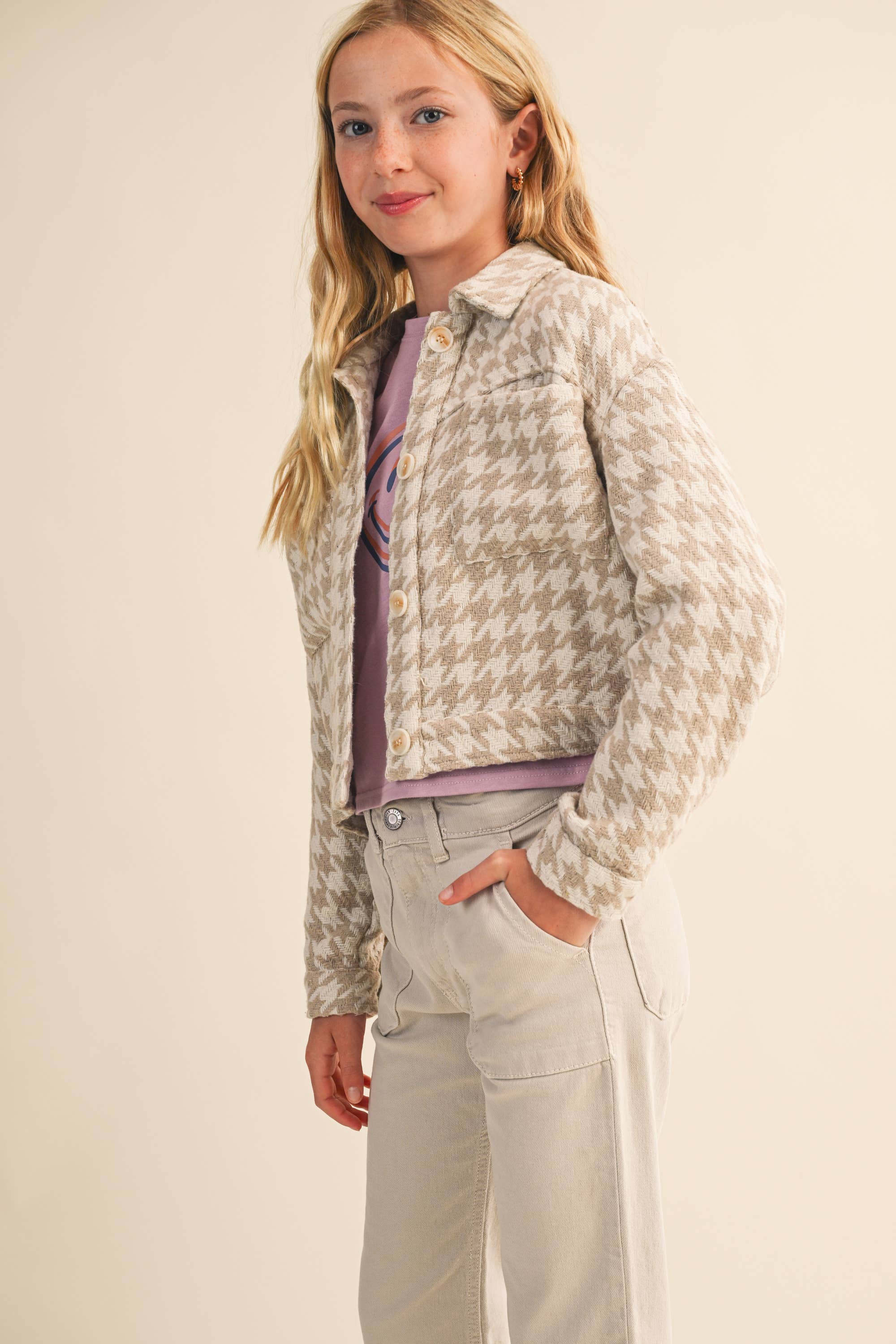 Heart & Arrow Tween Cropped Jacket- Tan Houndstooth