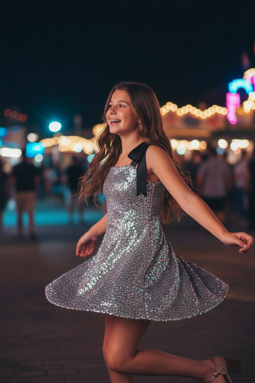 Flowers By Zoe Tween Silver Sequin Bow Strap Dress