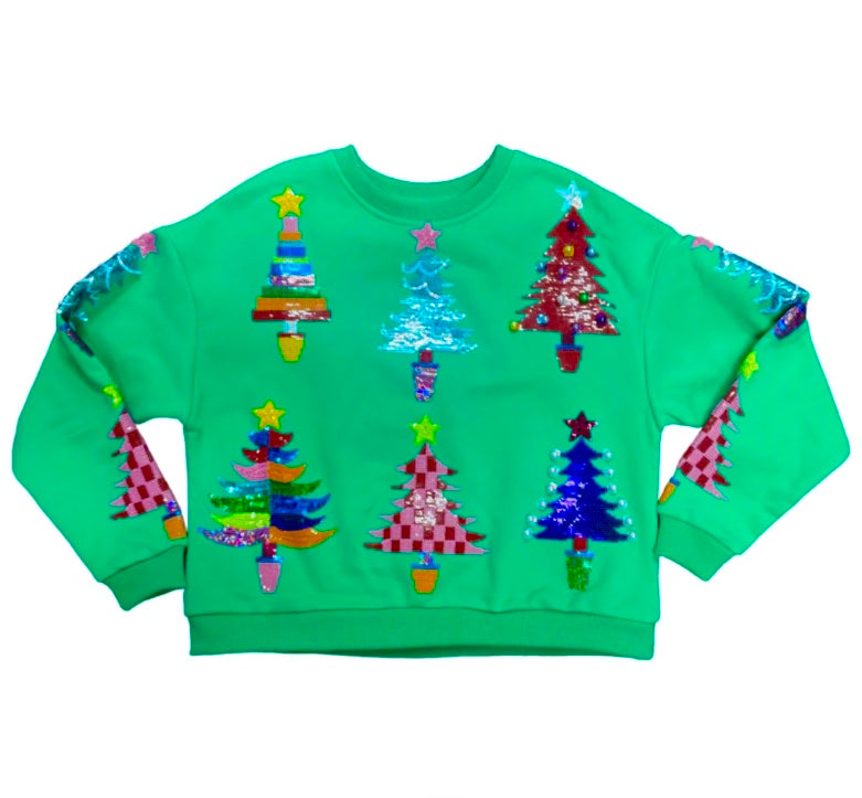 Queen Of Sparkles Kids Green Holiday Trees Sweatshirt