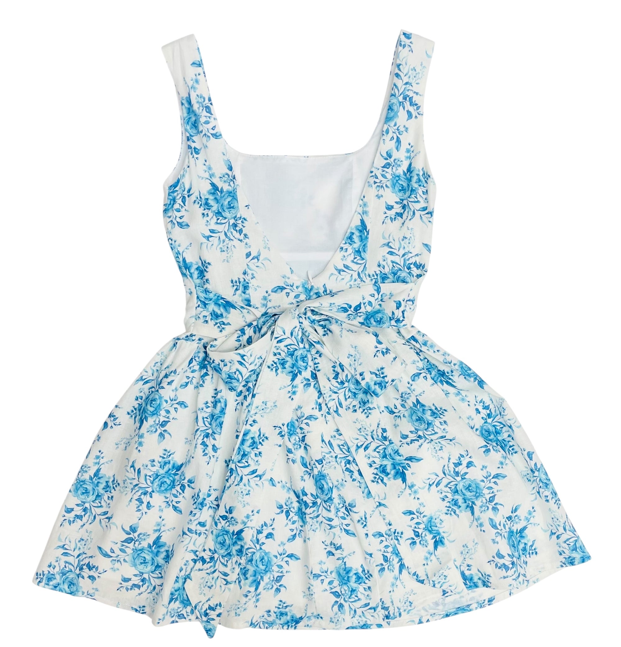 KatieJ NYC Brenna Bow Tie Back Dress- Blue Rose Bouquet Linen