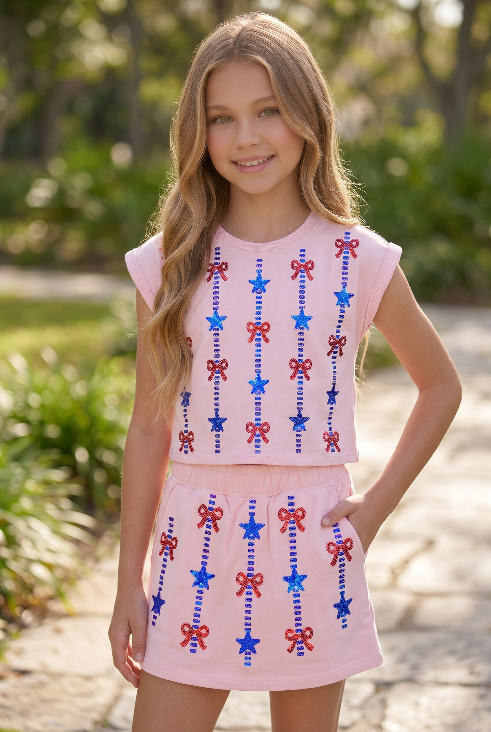 Paper Flower Tween Sequin Stars + Bows 2pc Americana Skort Set