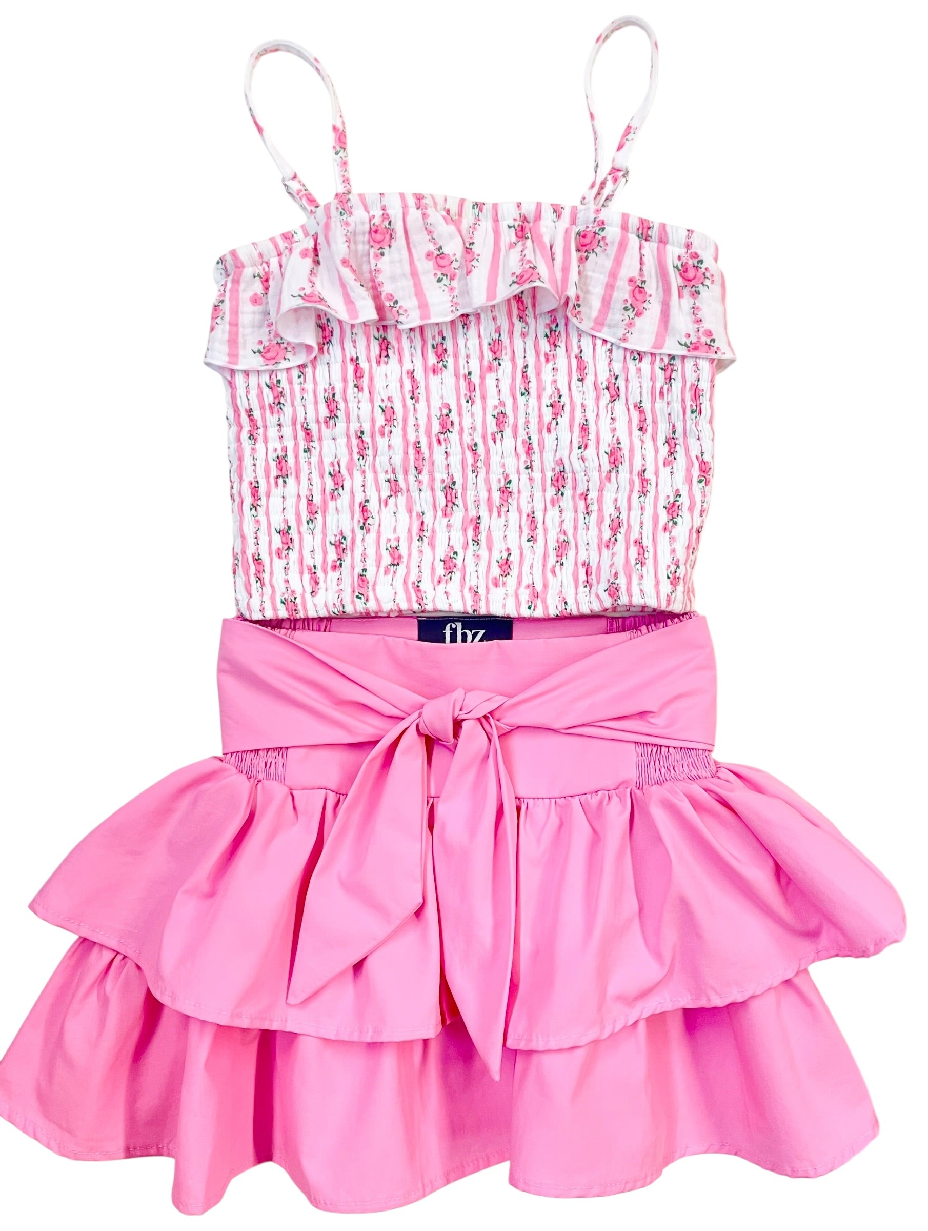 Flowers By Zoe Pink Floral Stripe Smocked Top With Ruffles