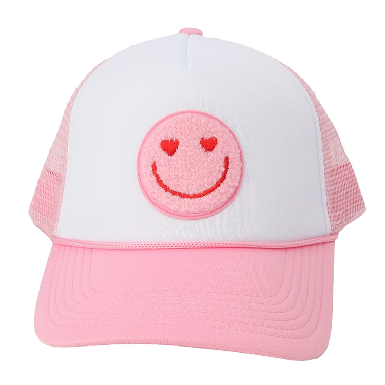 Pink &amp; White Chenille Smiley Ball Cap - 2-6