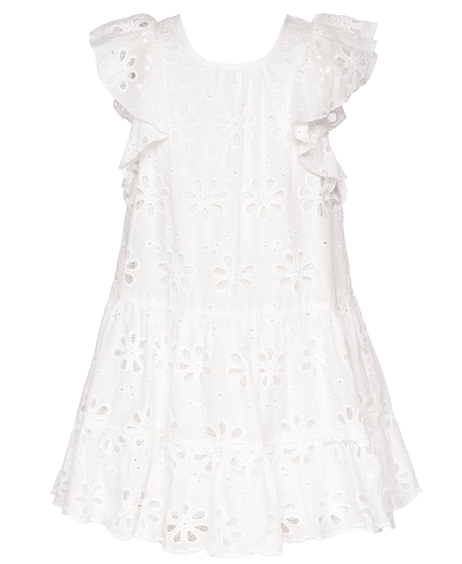 Hannah Banana Tiered Eyelet Dress W/ Flutter Sleeves - White