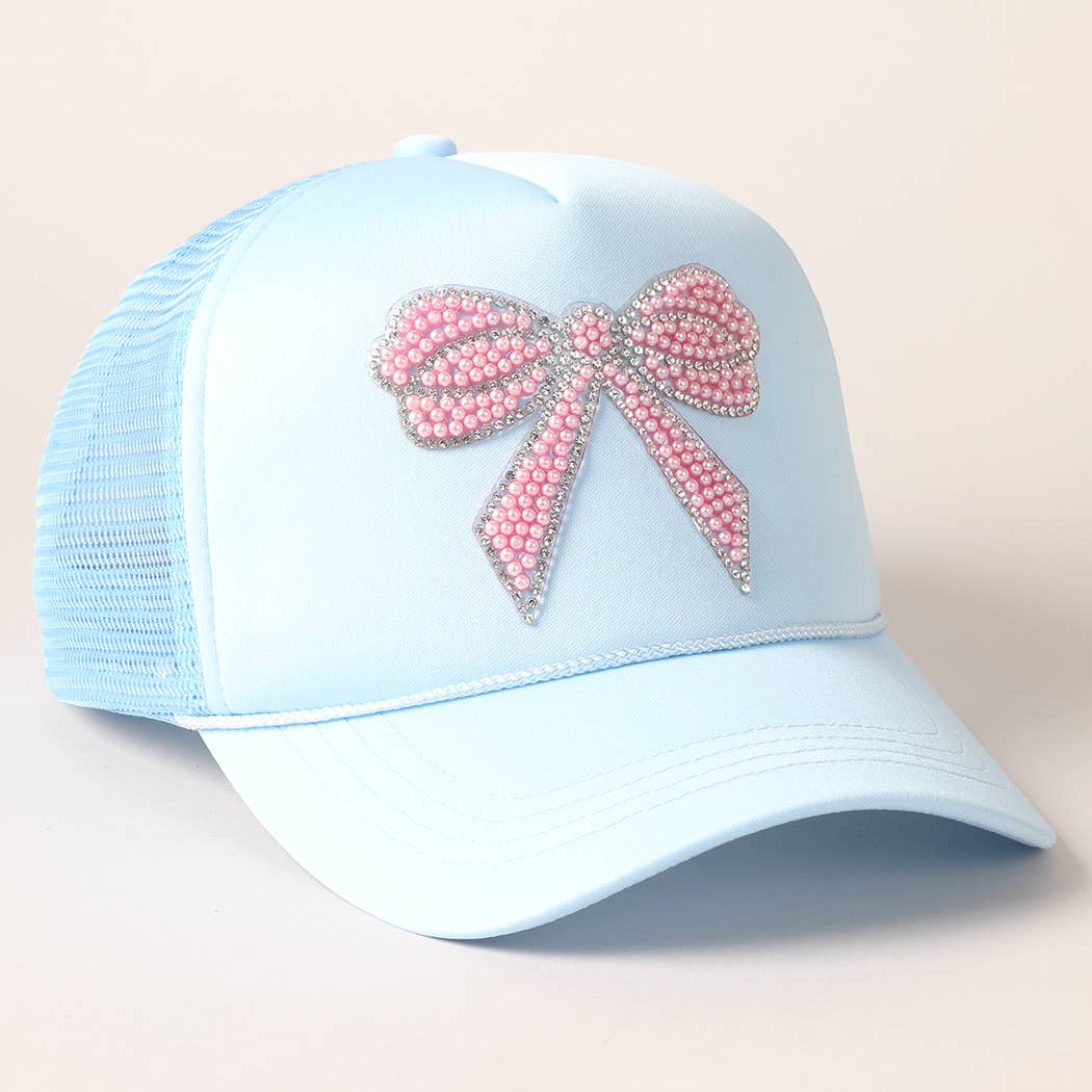 Rhinestone Bow Patch Trucker Hat- Baby Blue