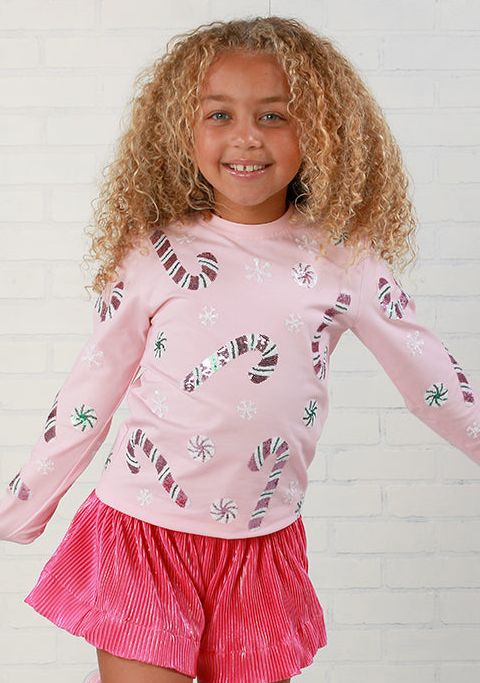 Belle Cher Sequin Candy Cane Long Sleeve Shirt