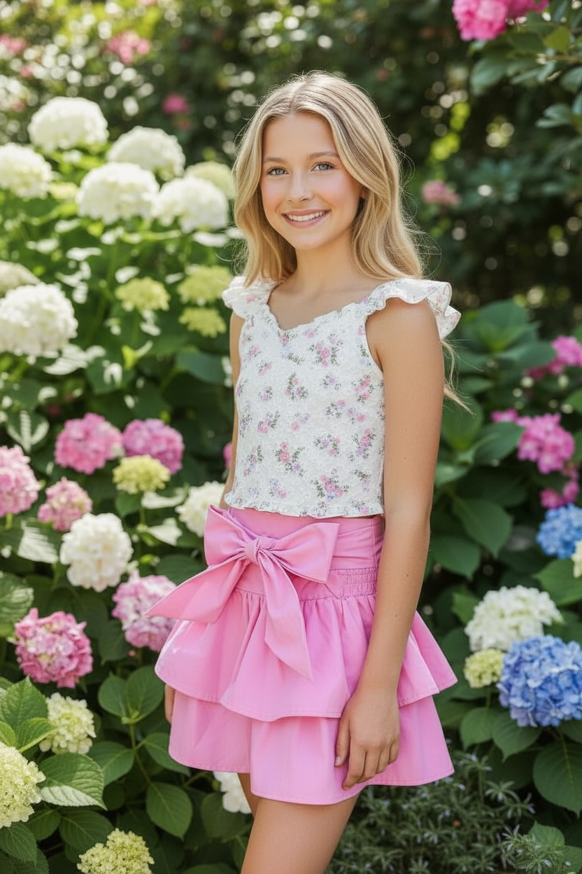 Flowers By Zoe Tween Woven Floral Bouquet Eyelet Flutter Sleeve Top