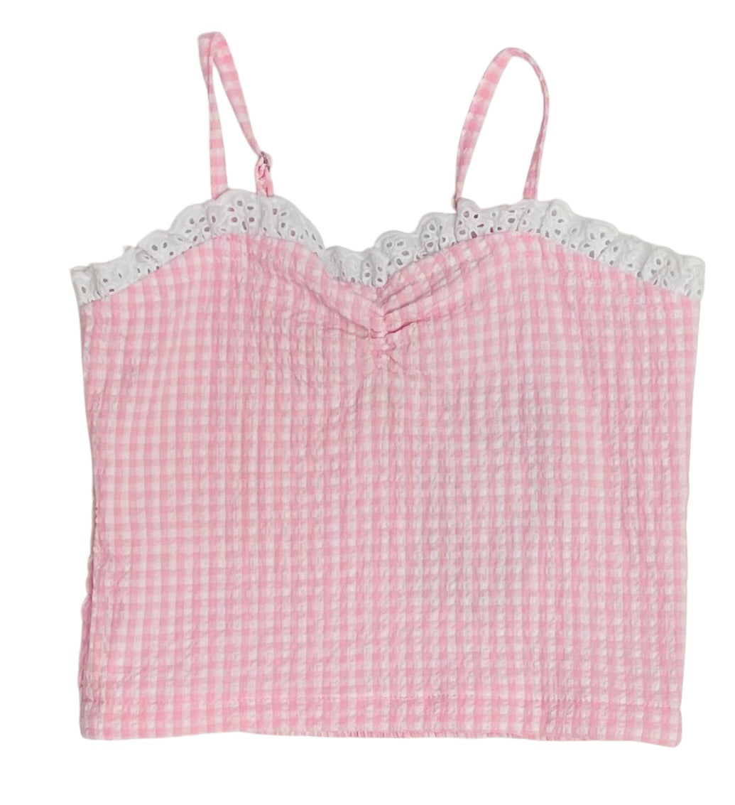 Flowers By Zoe Pink & White Gingham Eyelet Trimmed Tank