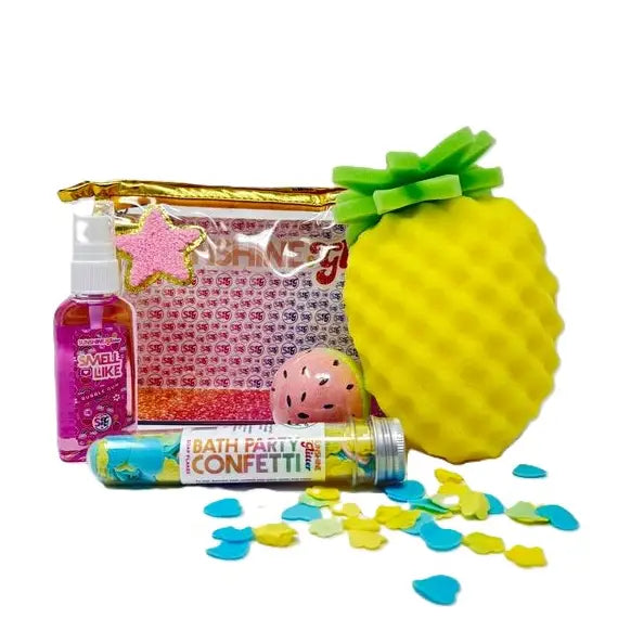 Sunshine and Glitter pineapple spa gift set for girls with pineapple bath sponge, bath confetti, body spray, and bath bomb in metallic cosmetic bag