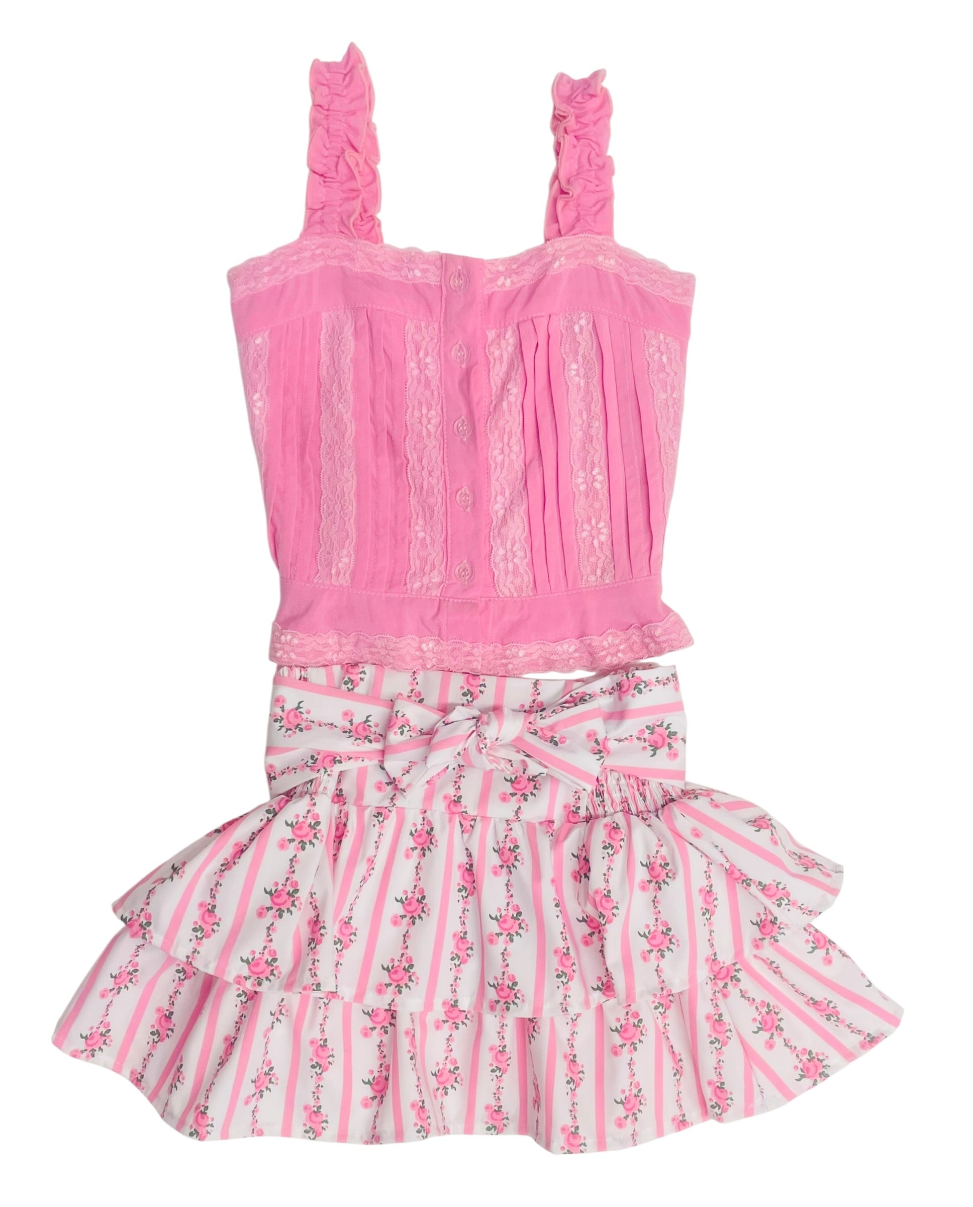 Flowers By Zoe Pink Floral Stripe Bow Skirt