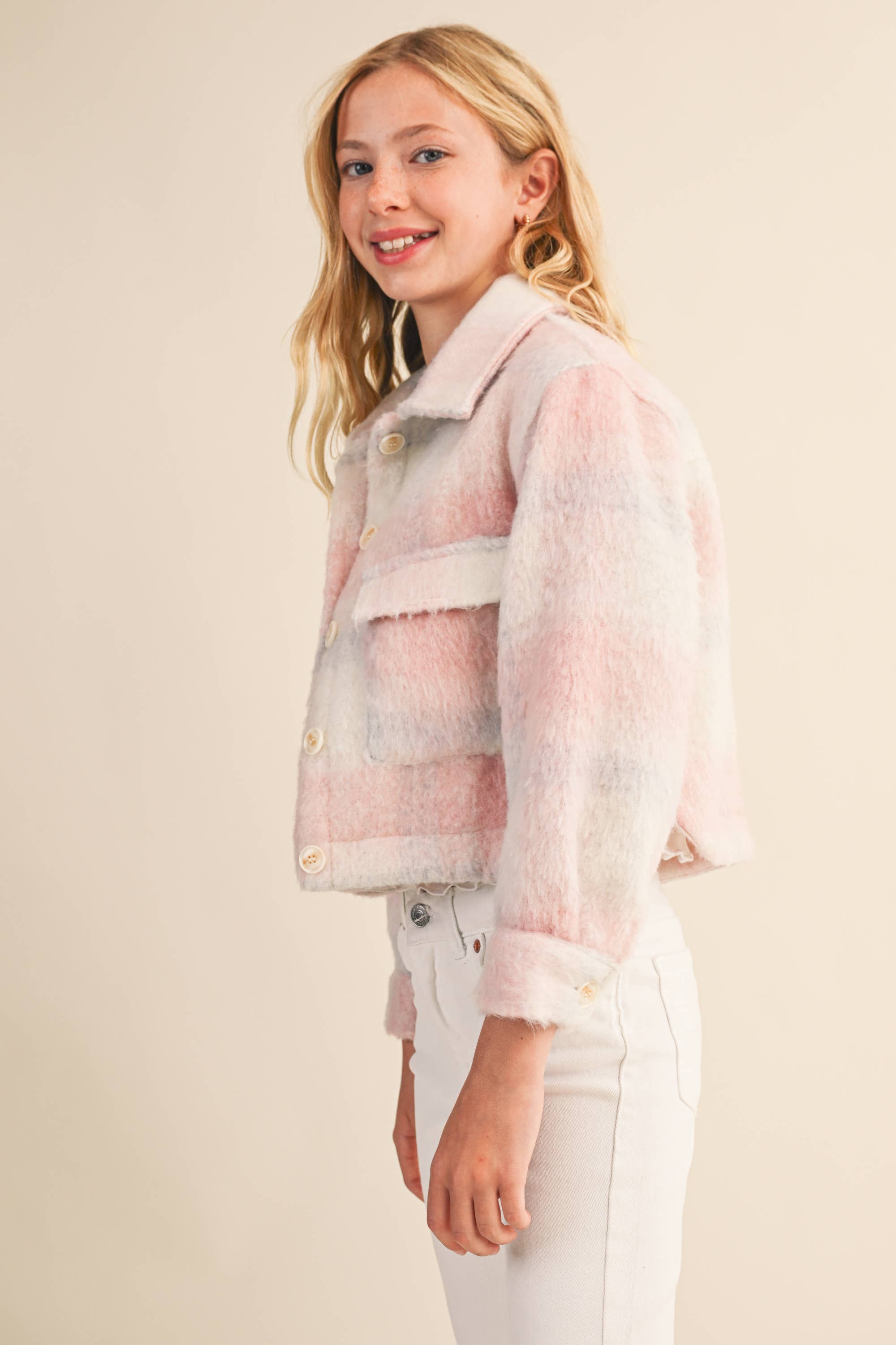 Heart & Arrow Tween Cropped Jacket- Pink Plaid