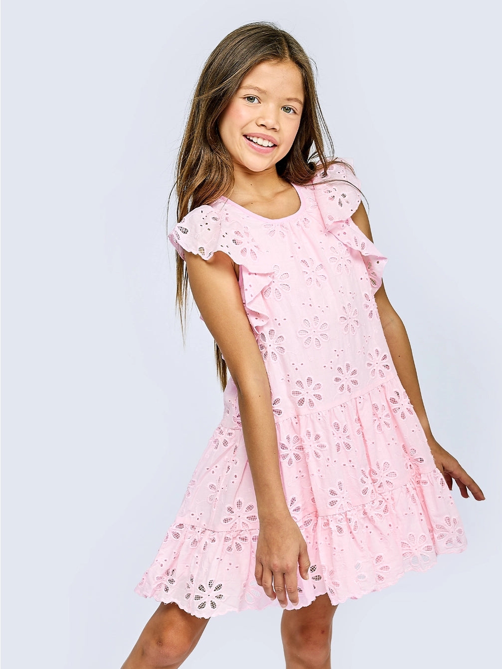 Hannah Banana Pink Tiered Eyelet Dress with Flutter Sleeves