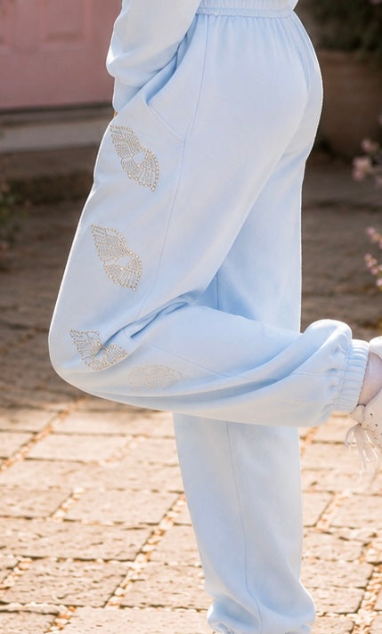 KatieJ NYC Leah Rhinestone Angel Wings Sweatpant– Baby Blue