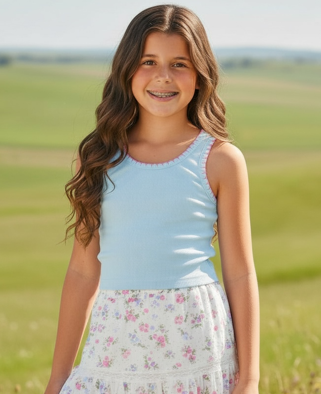 Flowers By Zoe Blue W/ Pink Stitch RIbbed Tank