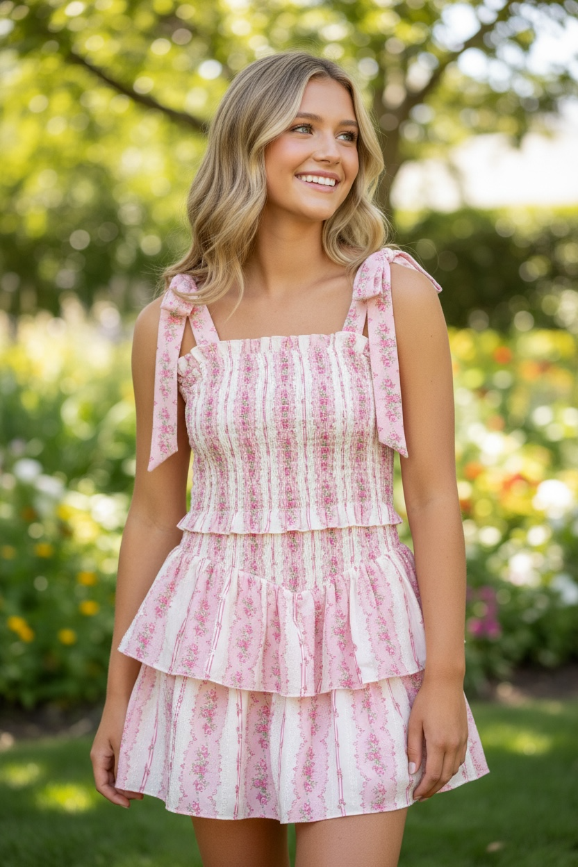 KatieJ NYC Tween Emerson Dress - Baby Pink Cottage Stripe