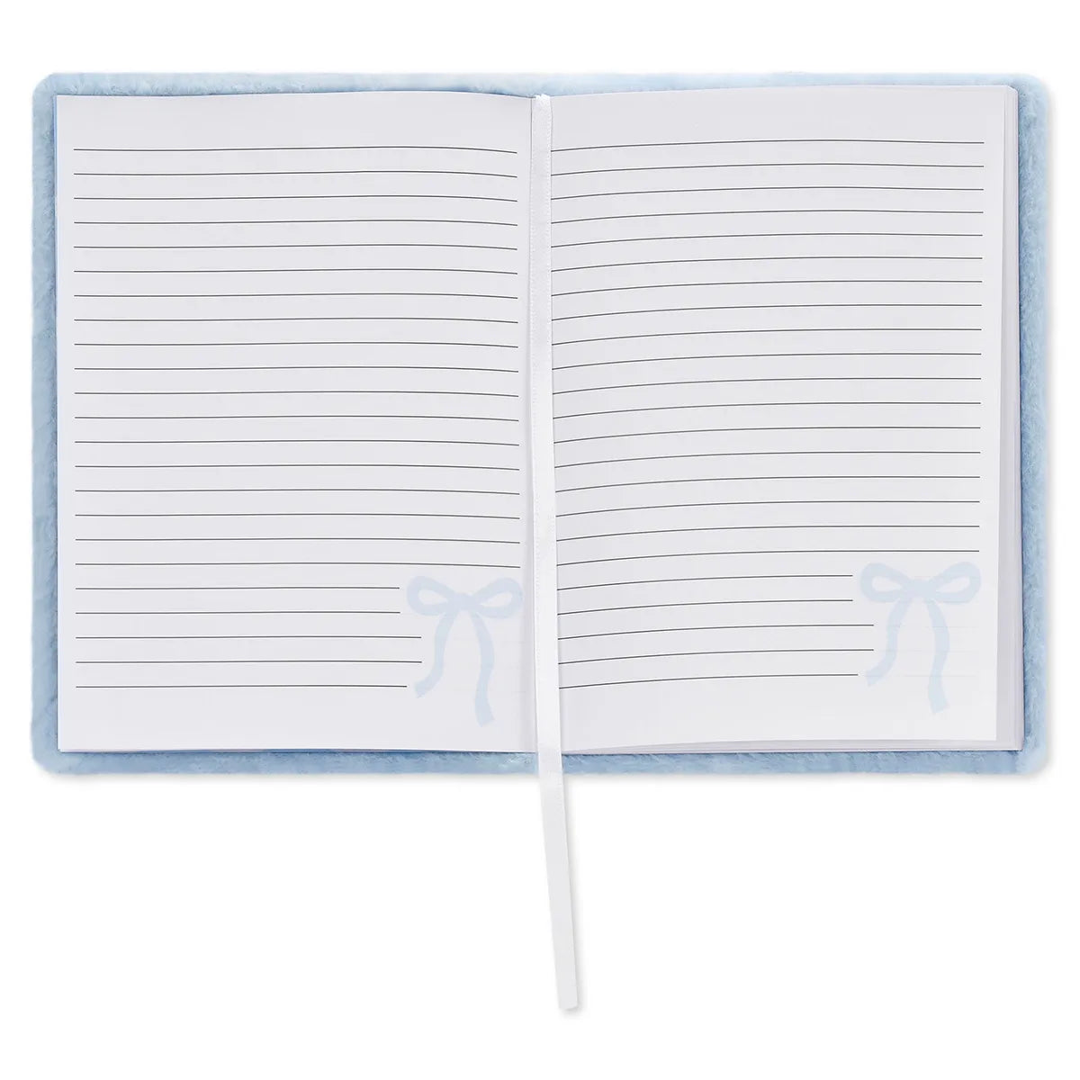 Open Blue Pearl Bow Journal showing lined pages and ribbon bookmark