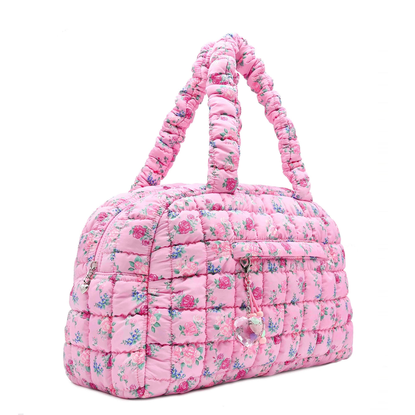 Petal Pink Floral Medium Duffle Bag With Heart Charms