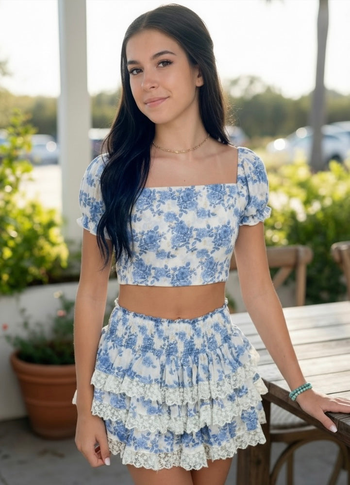 Summer Loving 2pc Coco Puff Sleeve Top & Skirt Set - Blue Reverie