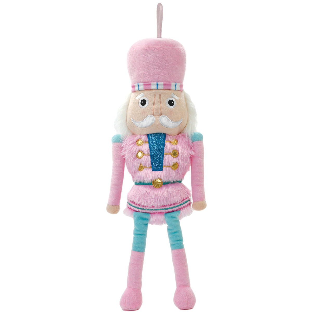 Iscream pink plush Nutcracker ornament with metallic gold embroidery, blue glitter detail and hanging loop
