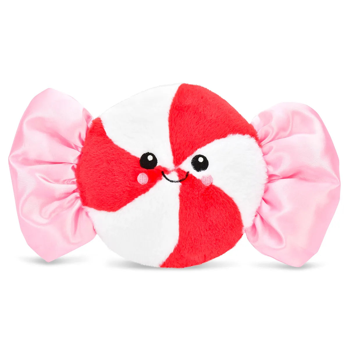 Iscream Peppermint Candy Plush with smiling face, red and white swirl, and pink wrapper ends