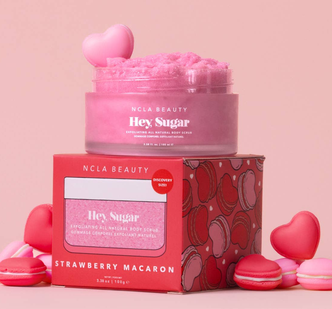 NCLA Beauty Hex Sugar Strawberry Macaron product with packaging on a pink background