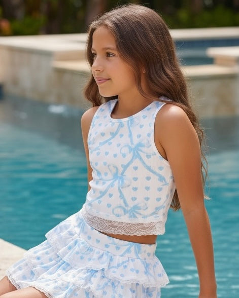 Flowers By Zoe Blue Bow Print W/ Lace Trim Print Ribbed Tank