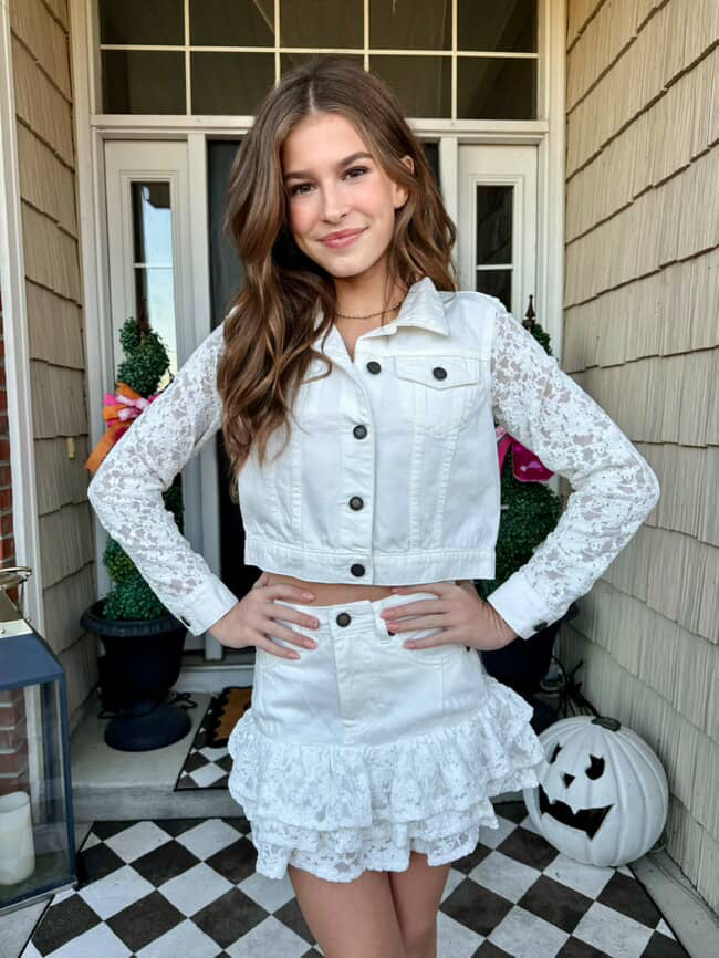 KatieJ NYC Tween Malaga Skirt - White Denim + Lace