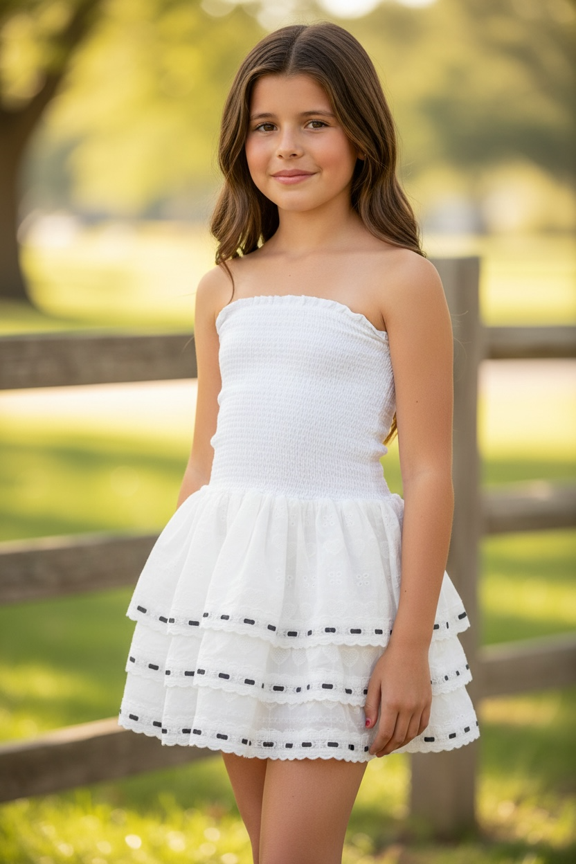 Theme NYC White Heart & Flower Eyelet With Black Ribbon Smocked Ruffle Dress