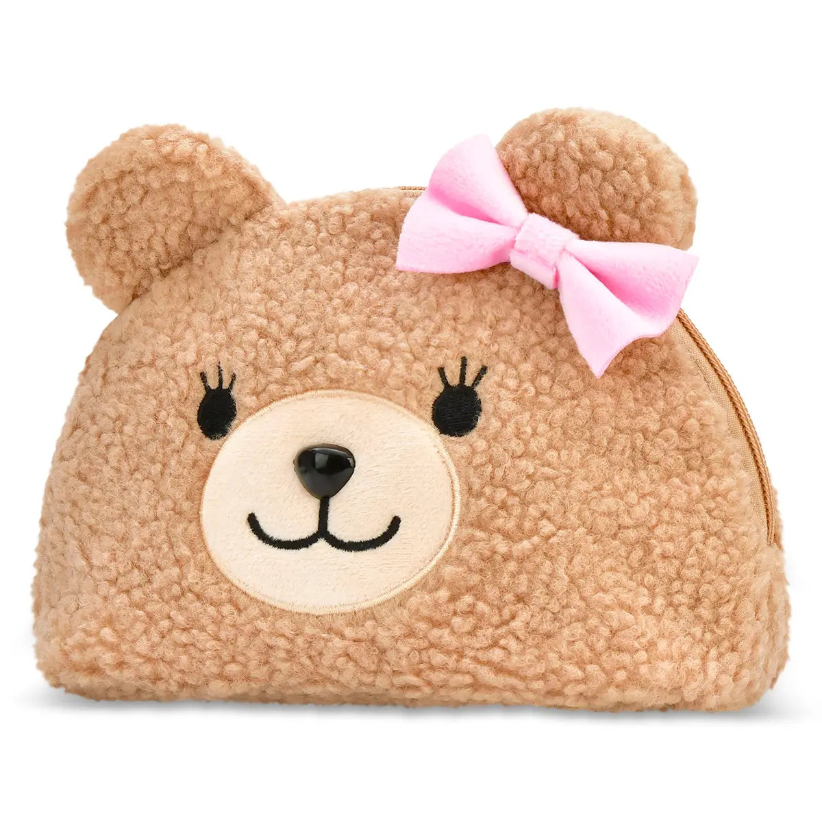 Left angled view of Iscream Beary cosmetic bag with bear ears and pink bow