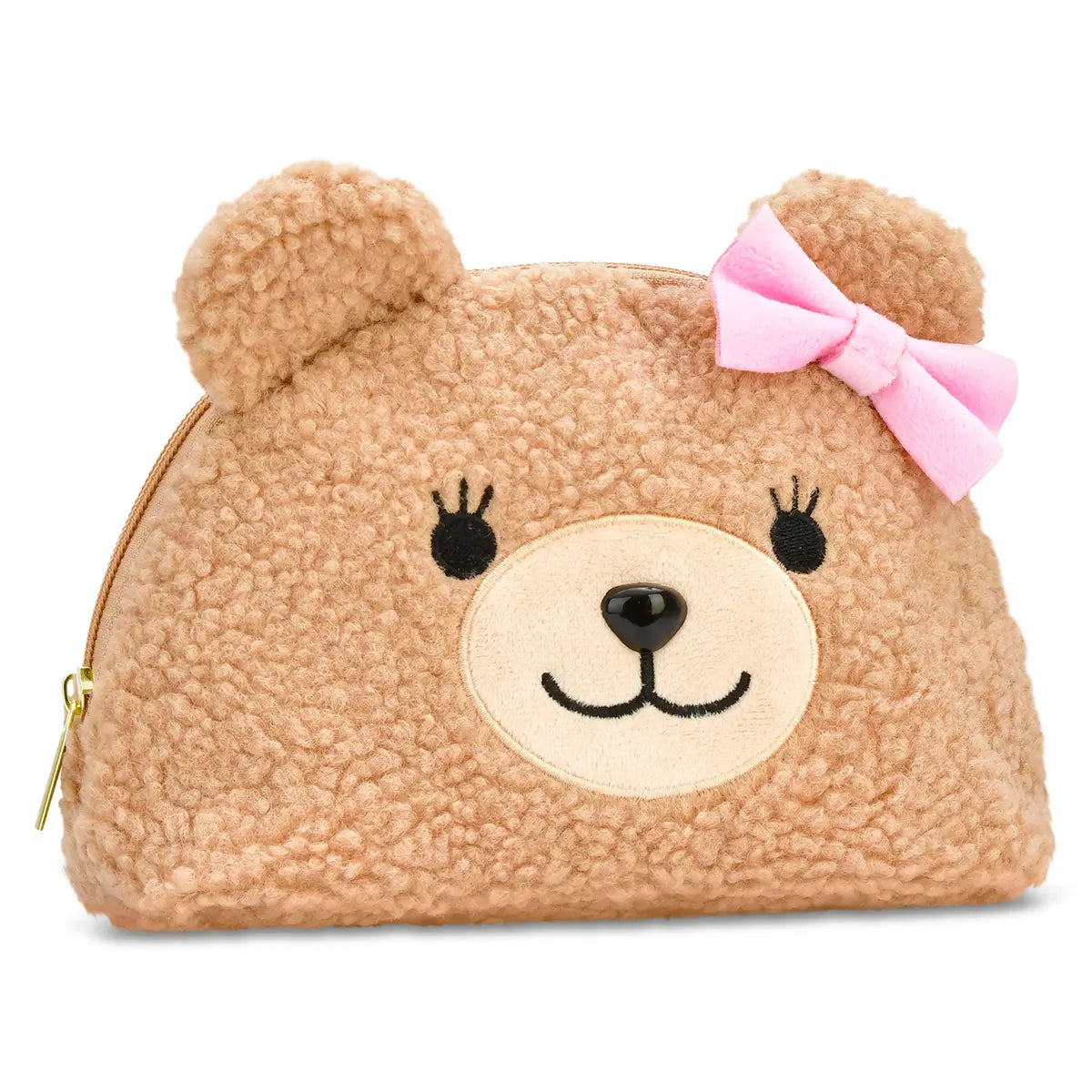 Right angled view of Iscream Beary sherpa cosmetic bag with zipper closure