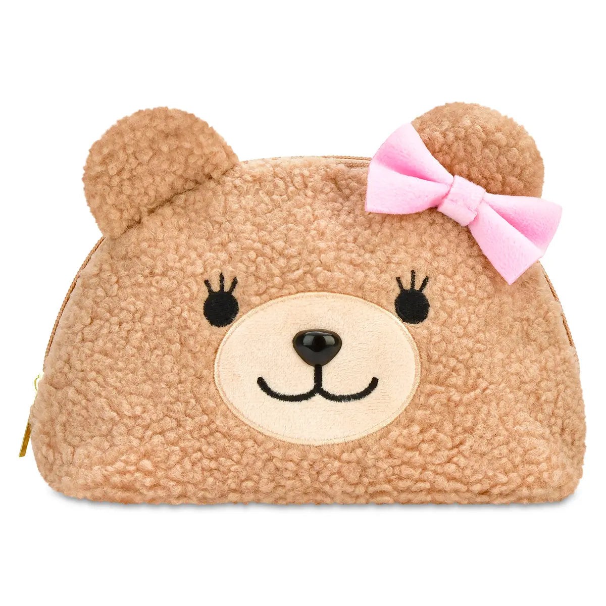 Iscream Beary Cosmetic Bag in brown sherpa with bear face and pink bow