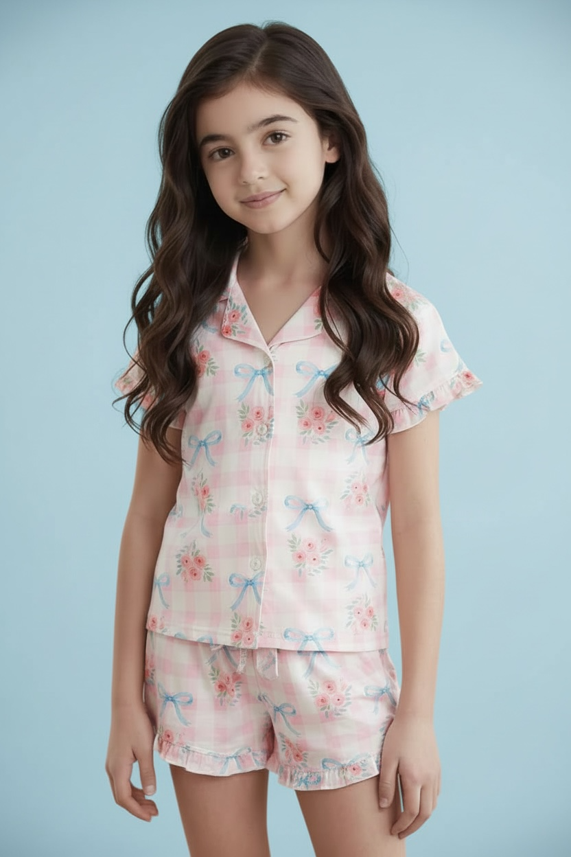 Sweet Wink Pastel Bow & Floral Gingham Trellis Lounge Set