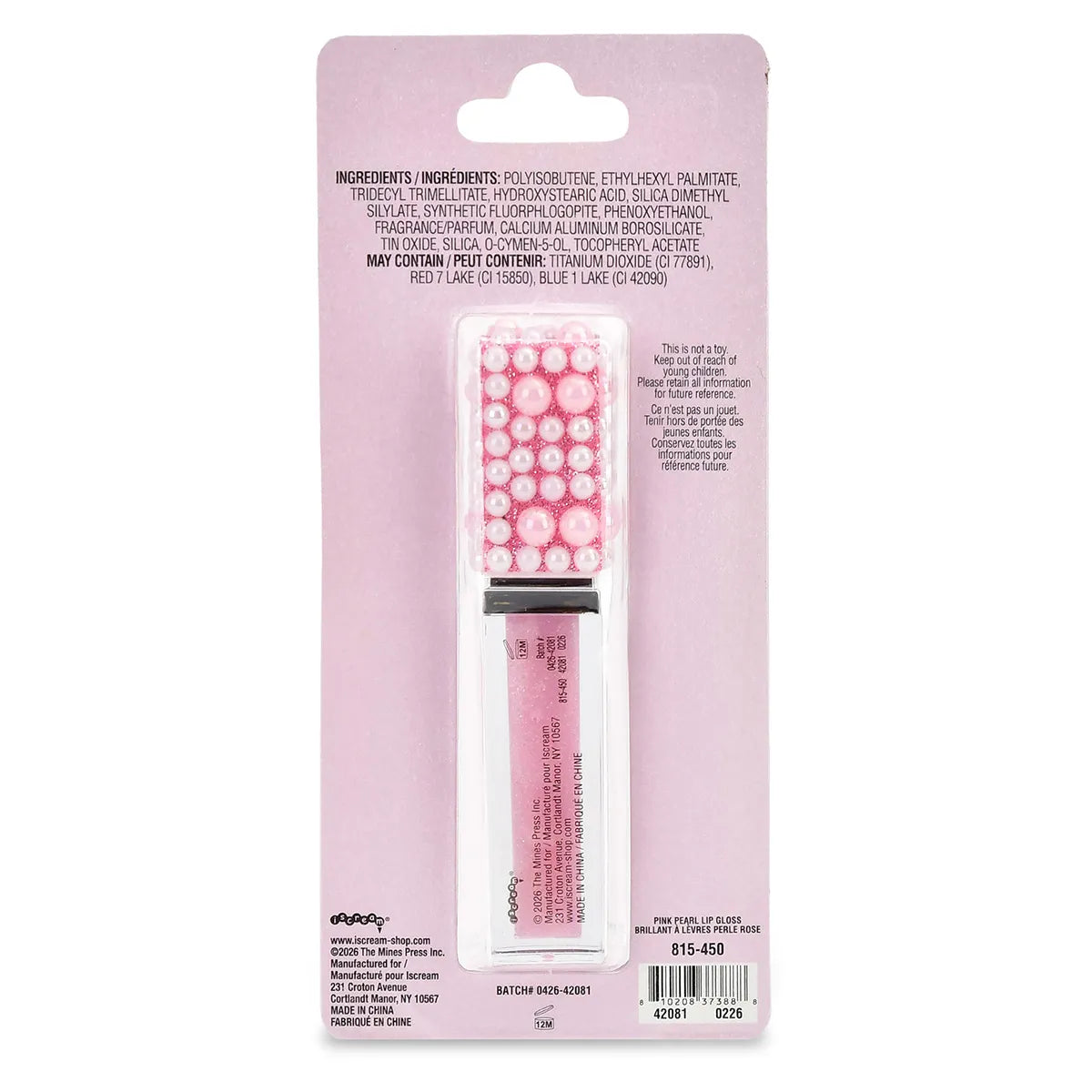 Back of Iscream Pink Pearl Lip Gloss packaging with ingredients and product information