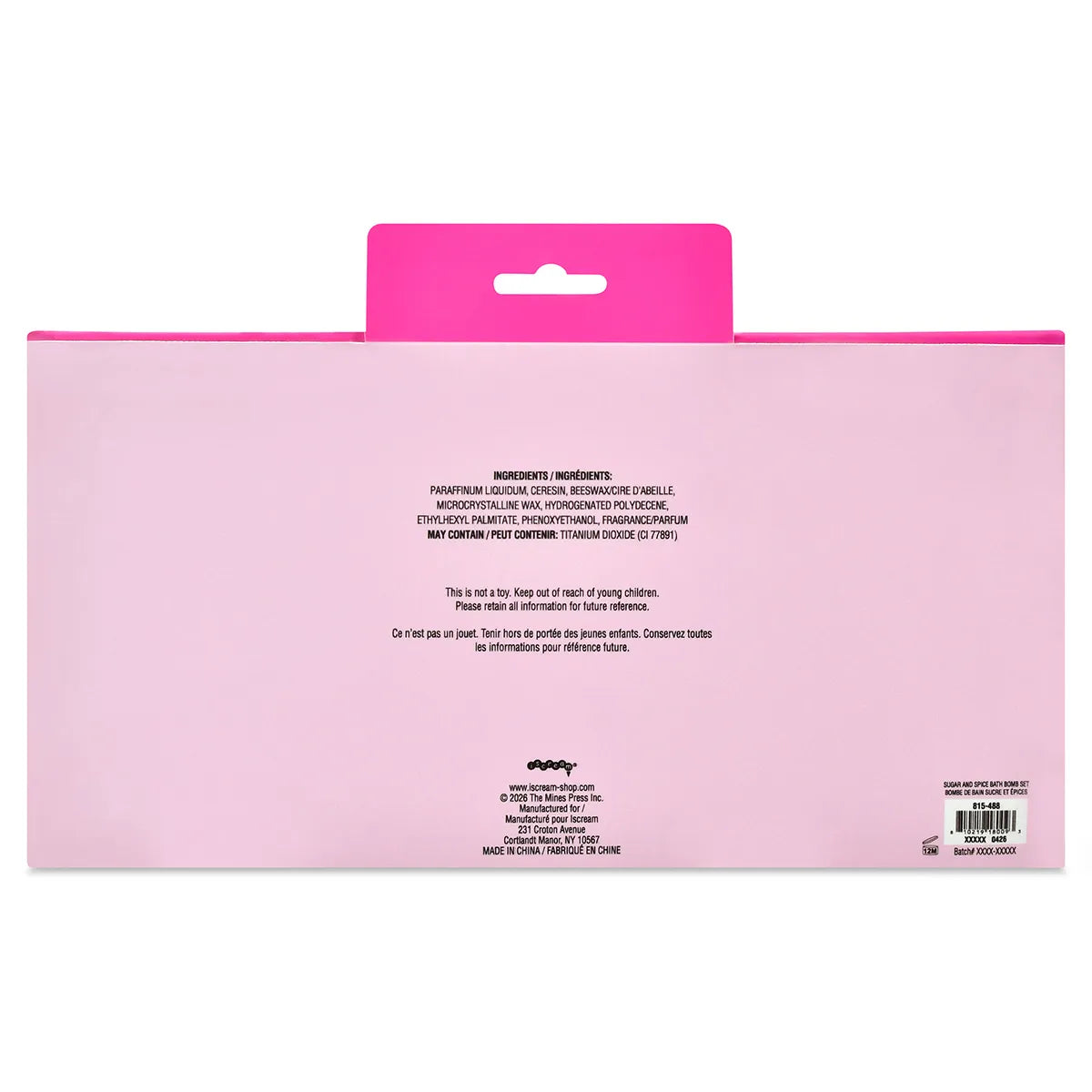 Back of Iscream Sugar and Spice Bath Bomb Set packaging with ingredients and product information