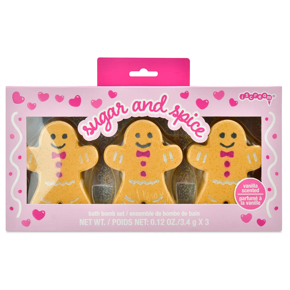 Iscream Sugar and Spice vanilla scented gingerbread bath bomb trio in pink gift packaging