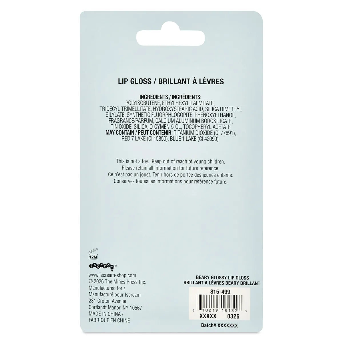 Back of Iscream Beary Glossy Lip Gloss packaging showing ingredients and product information