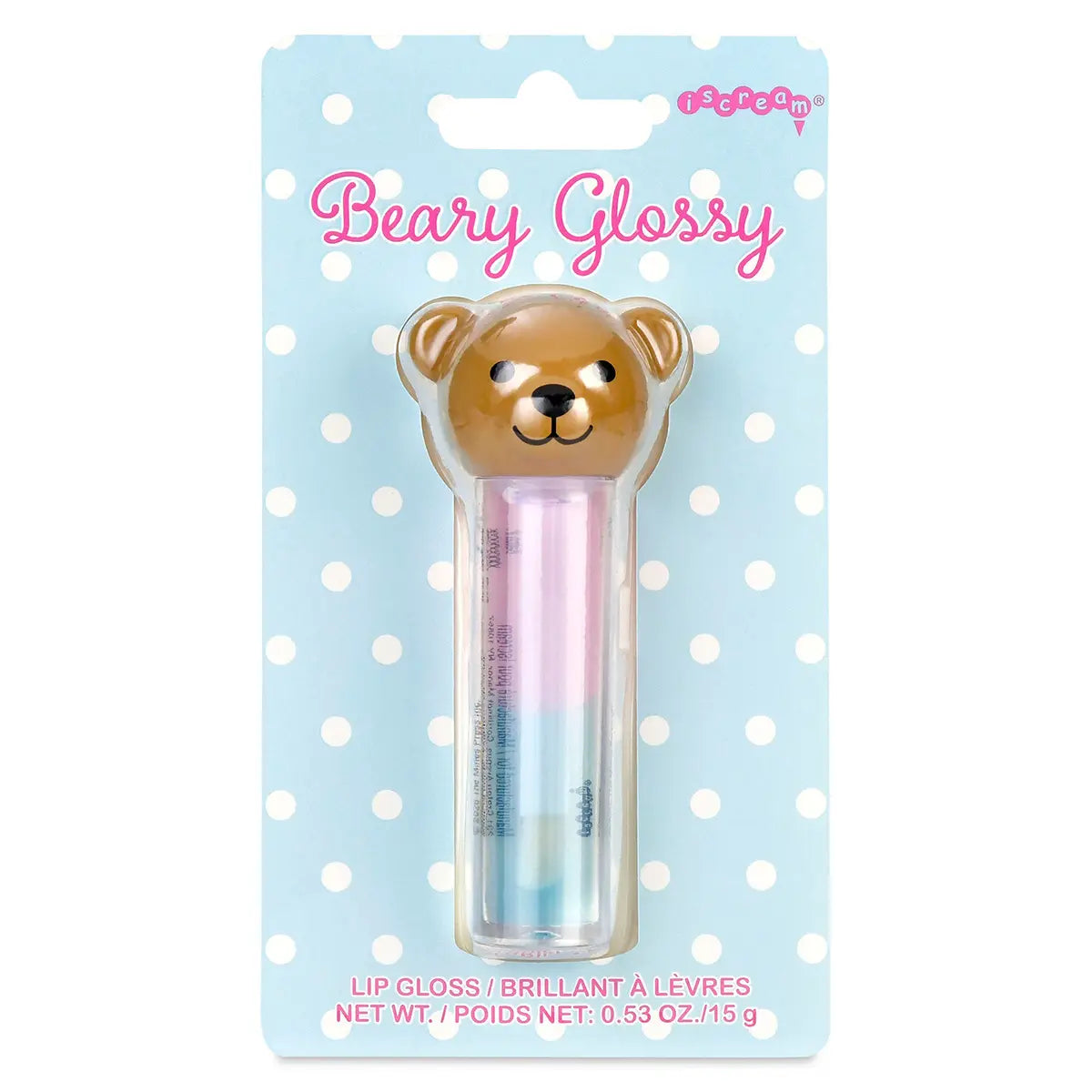 Iscream Beary Glossy Lip Gloss with teddy bear cap in blue polka dot packaging