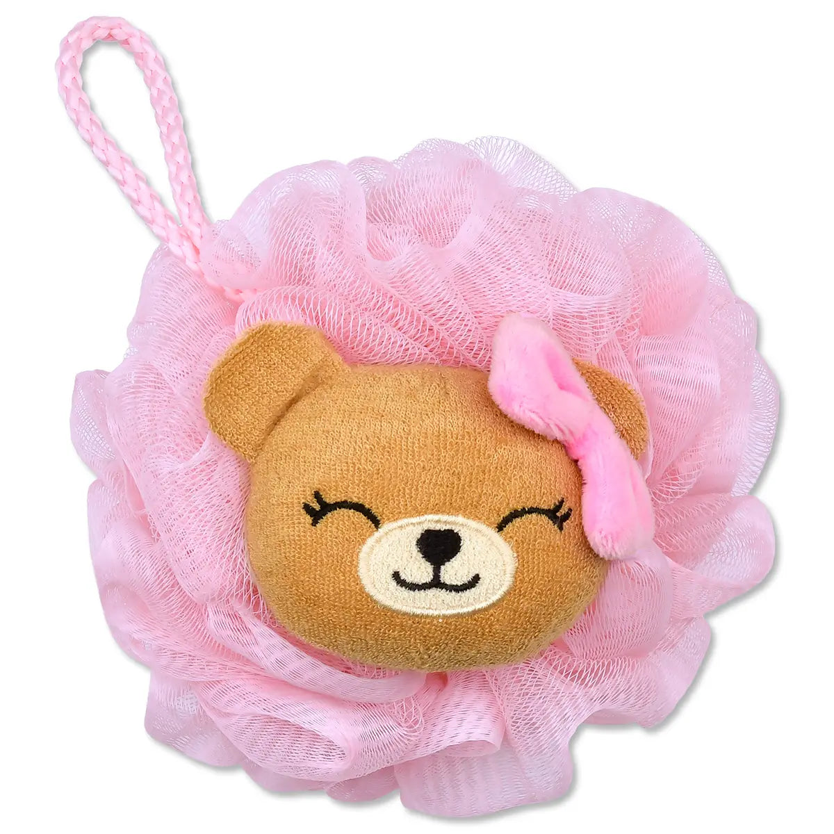 Iscream Pretty Bear pink bath loofah with teddy bear face, pink bow, and hanging loop