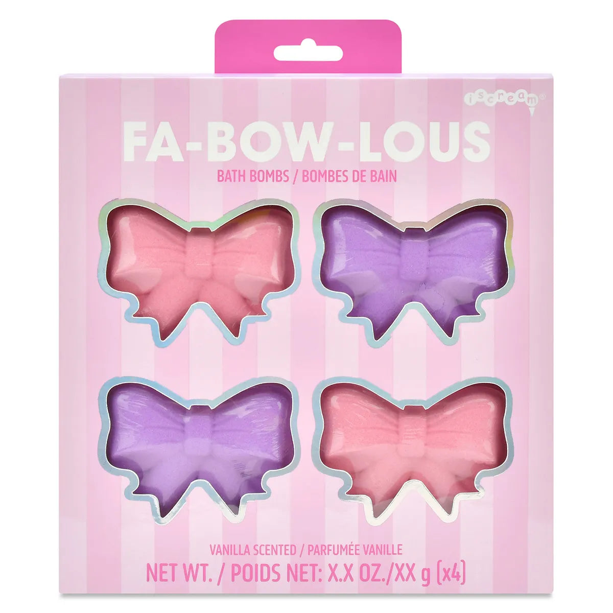 Iscream Fa-Bow-Lous vanilla scented pink and purple bow bath bombs in gift packaging