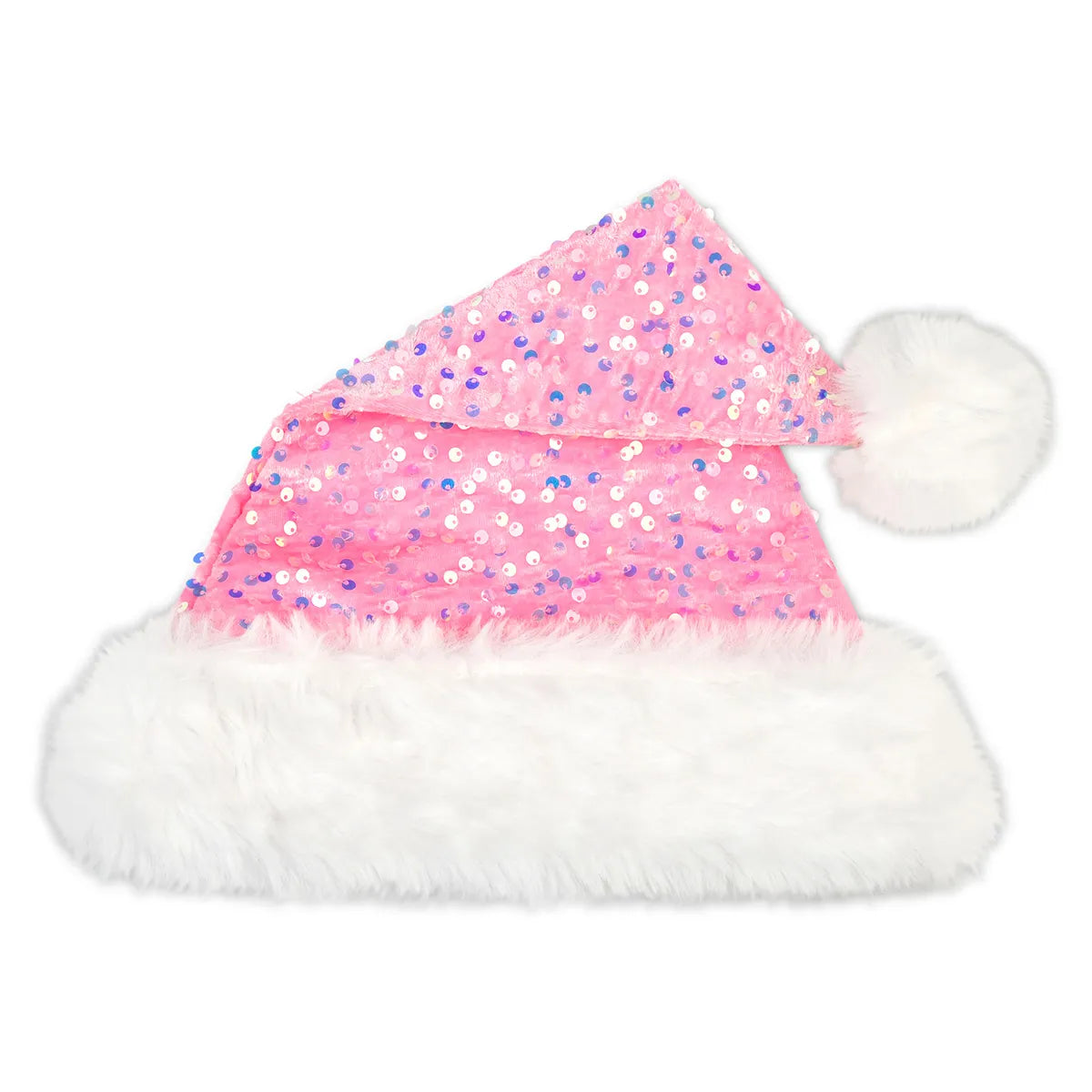 Iscream pink sequin Santa hat with white fluffy trim and pom pom