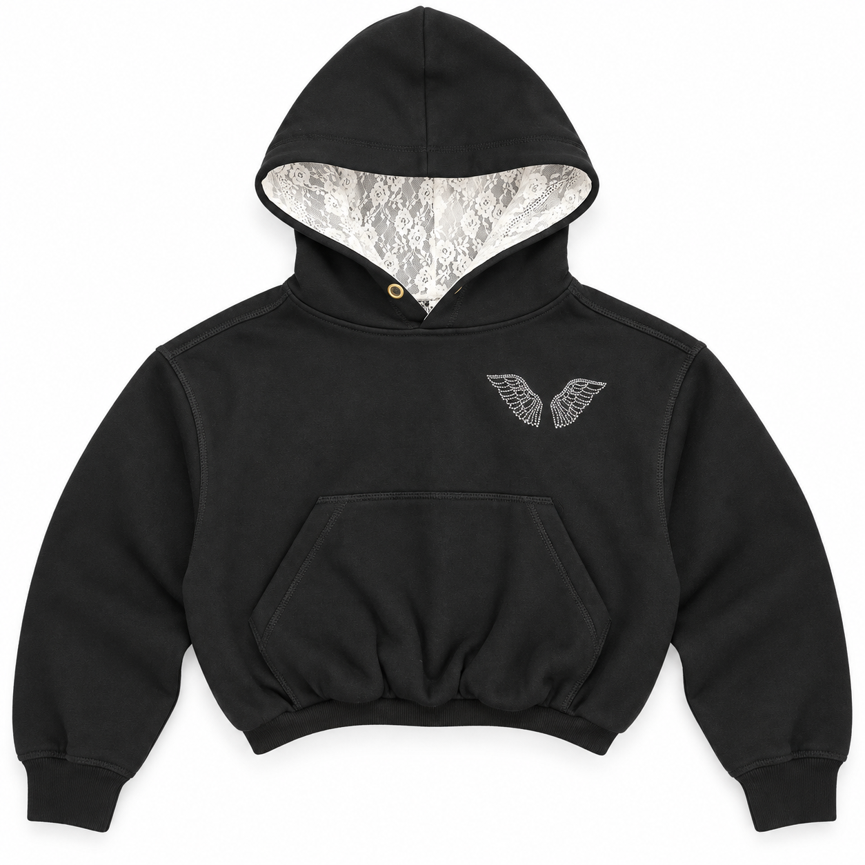 KatieJ NYC Ryan Hoodie With Angel Wings & Lace Hood – Black