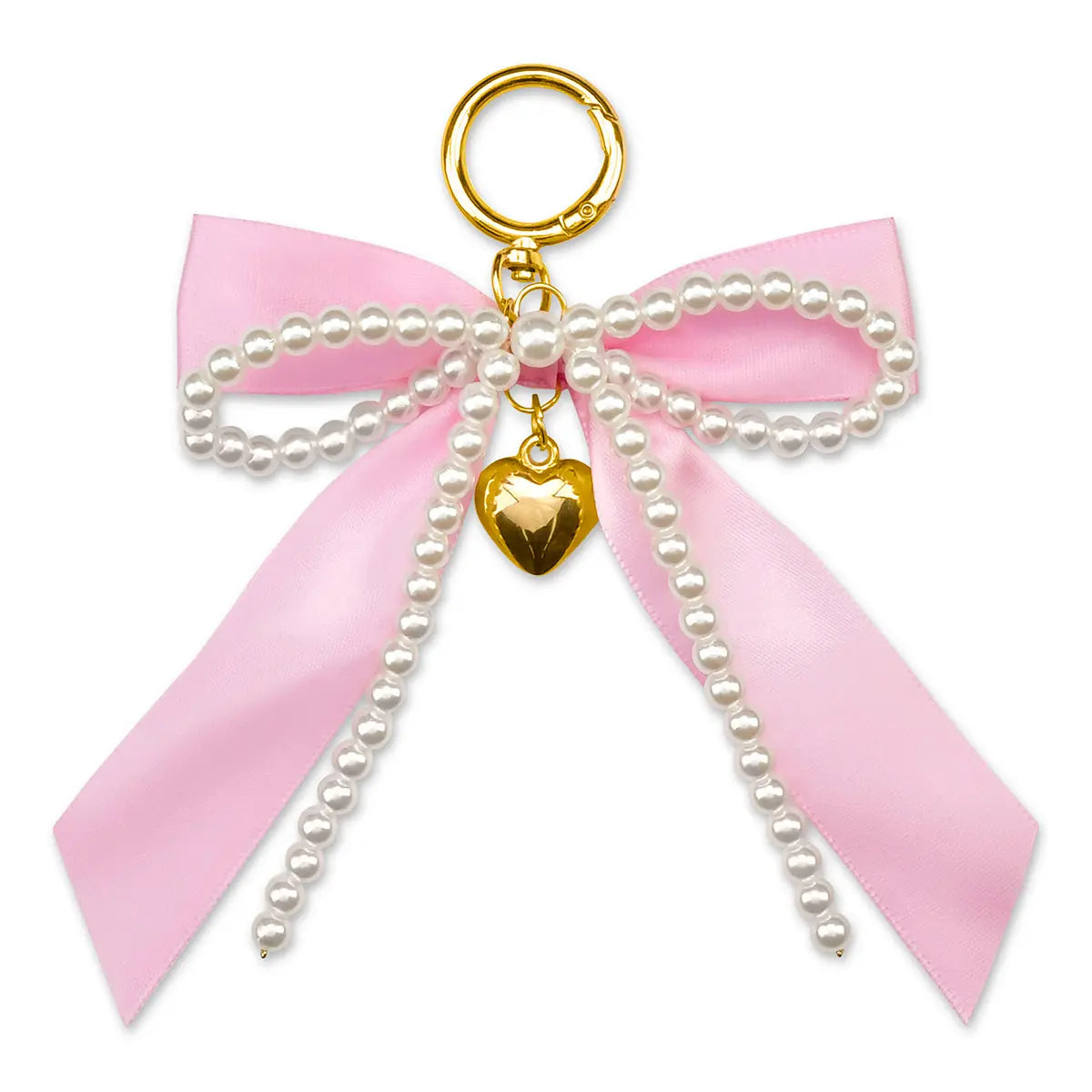 Iscream Pink Bow and Pearls Bag Charm with pearl style beads, gold tone heart, and ring clasp