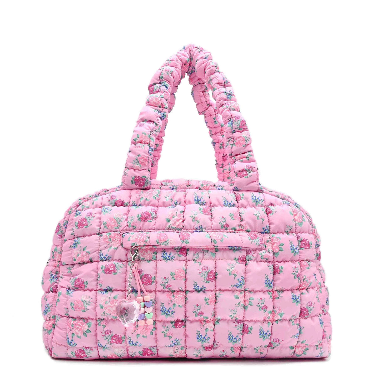 Petal Pink Floral Medium Duffle Bag With Heart Charms