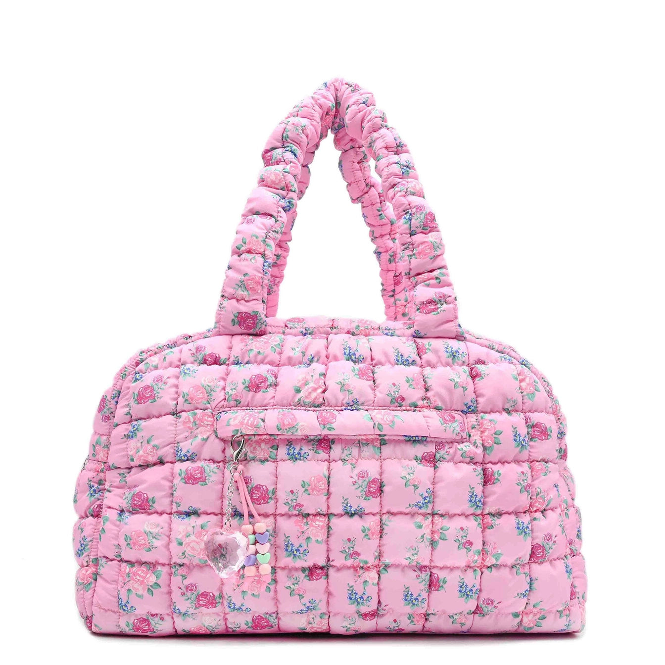 Petal Pink Floral Medium Duffle Bag With Heart Charms