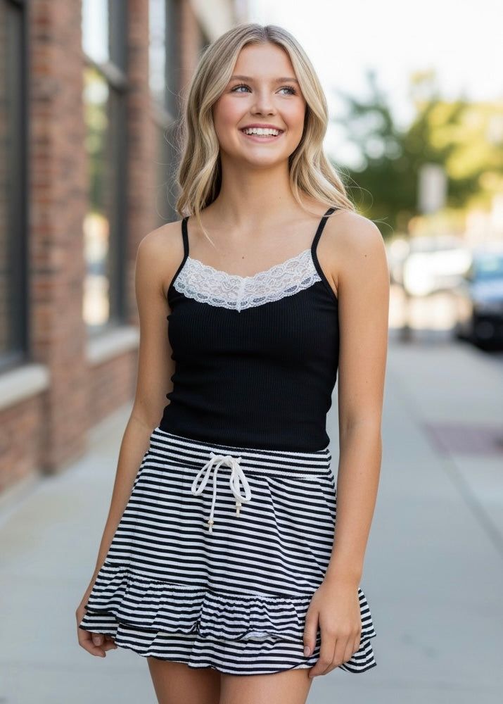 FBZ black and white striped ruffle skort for tween girls