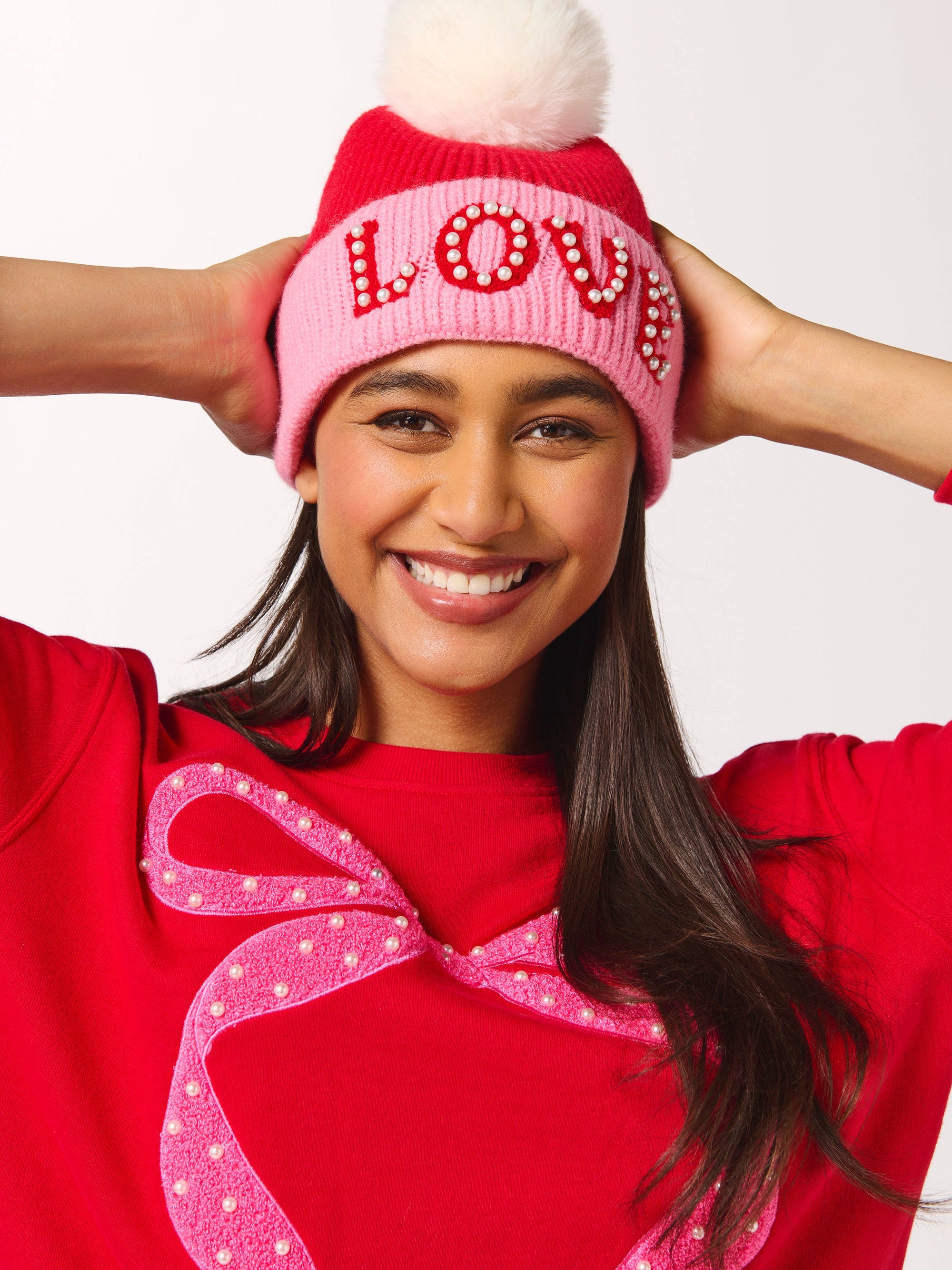 Red & Pink Pom Pom Hat With Pearl LOVE - Tween